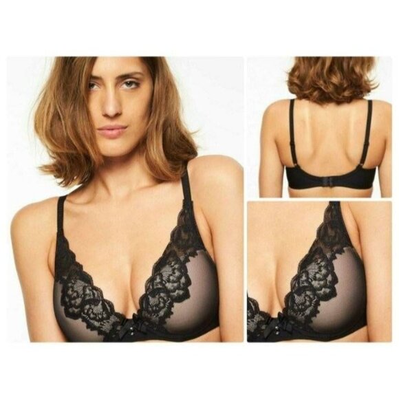 🆕CHANTELLE Orangerie Lace Plunge Underwire T-Shirt Bra 32DD Black #6762 - Picture 5 of 10